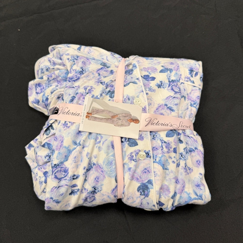 Victorias Secret Modal Long PJ Set XL Blue Purple Floral‎ Button Down Sleepwear